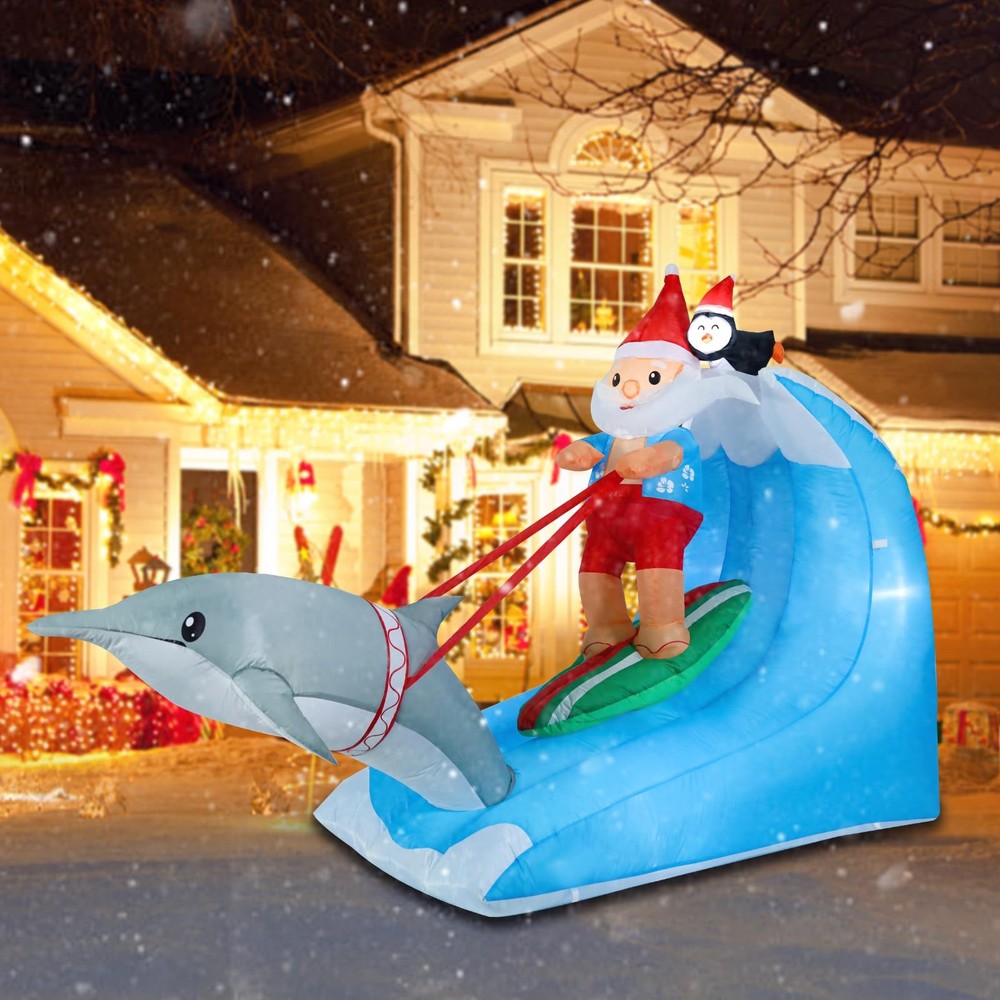 7.54 FT Long Christmas Inflatables Santa Claus Surfing, Blow Up Hawaiian Outd...