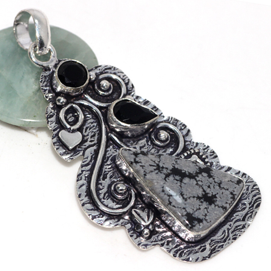 Snowflake Obsidian Black Onyx 925 Silver Plated Long Handmade Pendant 2.5
