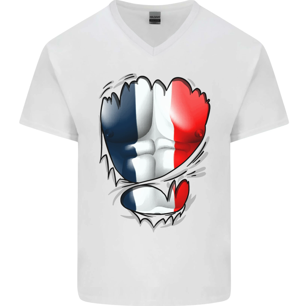 Gym French Tricolour Flag Muscles France Mens V-Neck Cotton T-Shirt