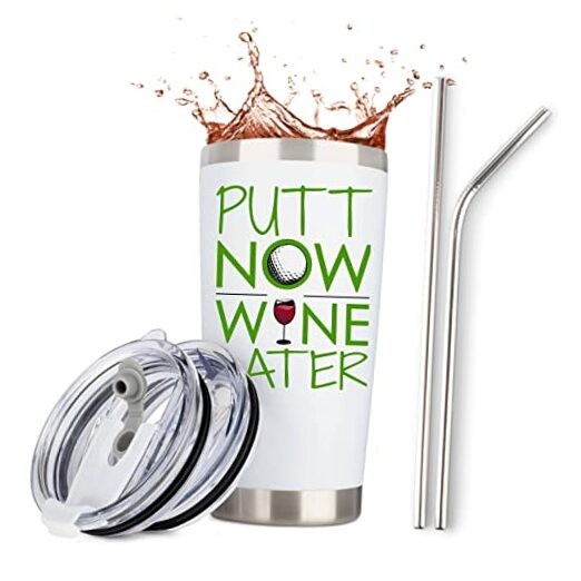 Stylish 20oz White Stainless Steel Golf Tumbler for Women - Putt Now Wine Later