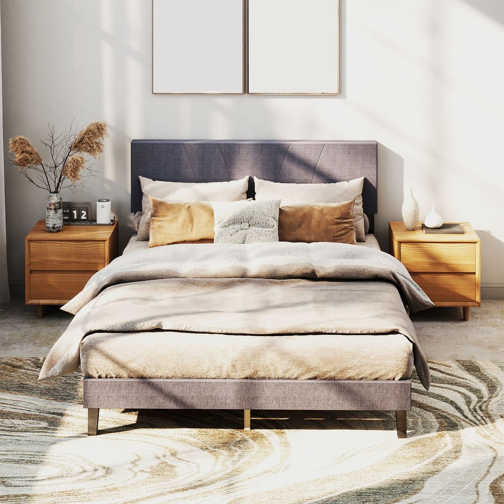 Wood Bed frame Full Platform Bed with Upholstered Headboard Furniture Dark gray