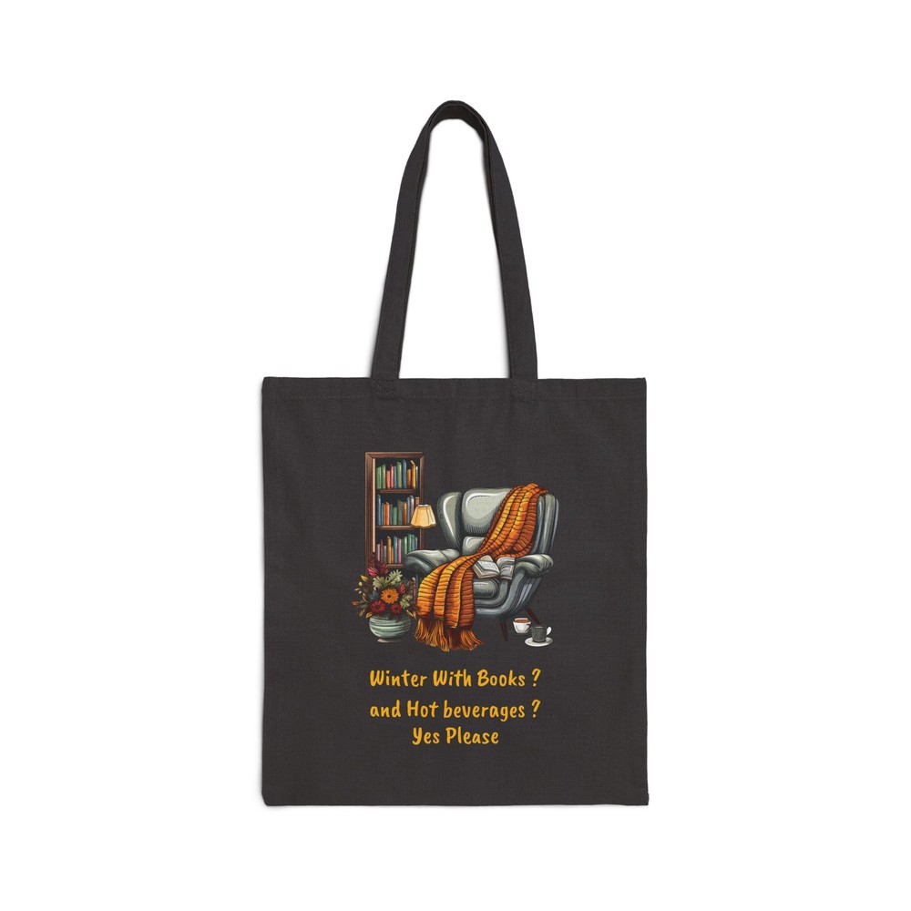 Cozy Winter Books & Coffee Cotton Canvas Tote Bag 15x16 Inches