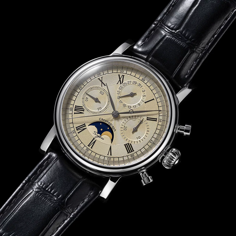 Master Chronograph Watch New Seagull 1963 Sugess Gold SWAN NECK MoonPhase