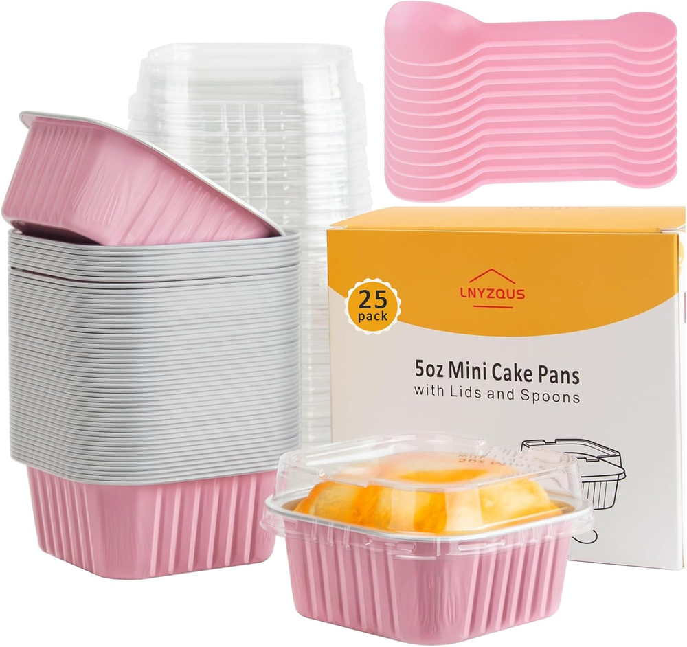 5Oz Mini Cake Pans with Lids 25 Pack,Foil Cupcake Baking Cups Muffin Tins Square