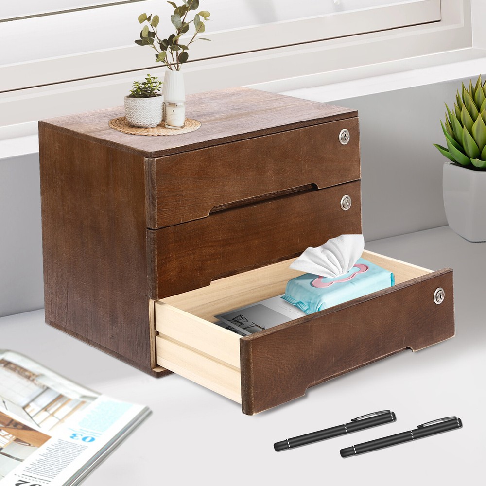 Wooden Desktop Storage Box with Lockable Drawers, Office Supplies File Organizer