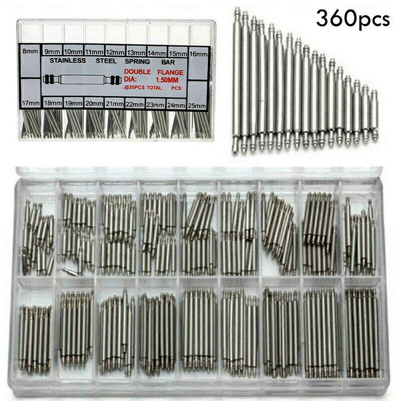 360pcs Watch Pins Spring BARS Band Strap Link 8-25mm Repair Kit Stainless Steel