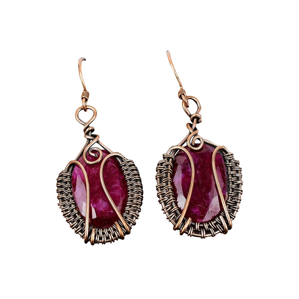 Kashmir Rubi Stone Copper Hook Wire Wrapped Dangling Earrings Mothers Day Gift-image