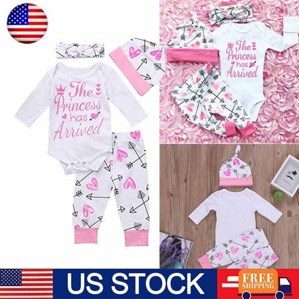 4Pcs Newborn Baby Girls Clothes Romper Flower Print Pant Hat Headband Outfit
