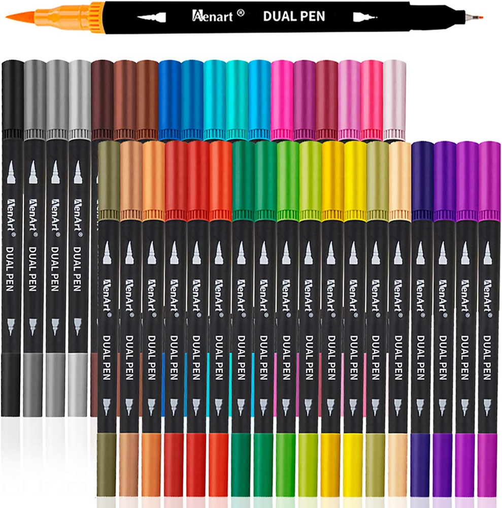 36 Dual-Tip Brush Markers – Fine Point Art Pens for Adult Coloring & Calligraphy
