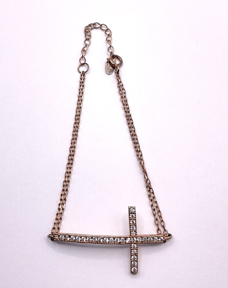 Vintage 925 Sterling Silver Gold-Tone CZ Cross Charm Bracelet