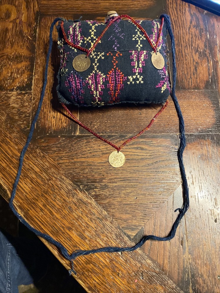 vintage Middle Eastern Embroidered PERFUME scent BAG textile beaded Coin Detail