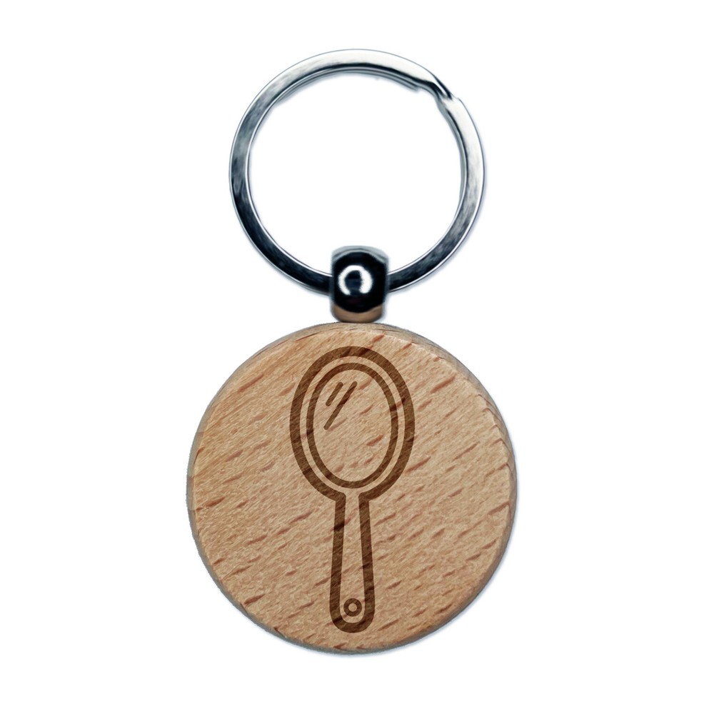 Handheld Makeup Mirror Engraved Wood Round Keychain Tag Charm