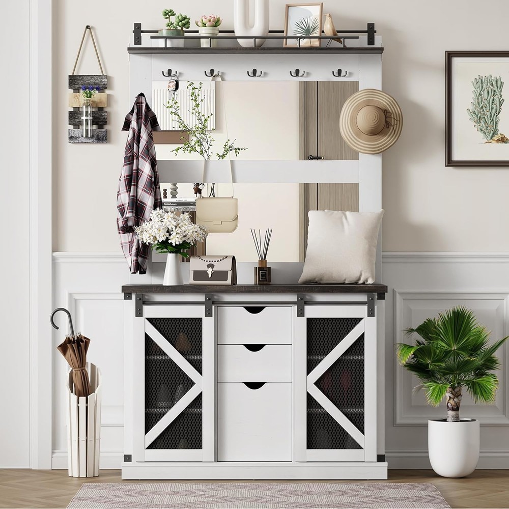 77-Inch Hall Tree Entryway Organizer with Coat Rack and Shoe Cubbies