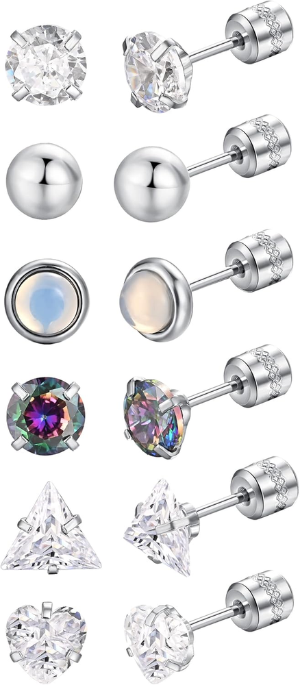 12 Pairs Titanium Stud Earrings Set for Women Men Screw Back Stainless Steel Tin