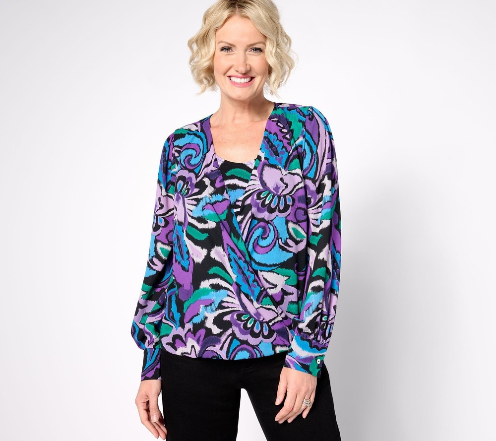 Susan Graver Women's Top Sz S Printed Woven Blouson Knit Multi-colored A673971