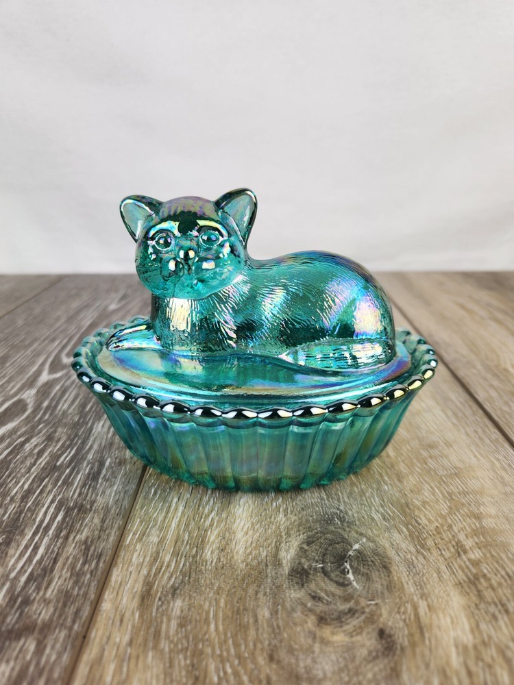 Teal Blue Carnival Glass Cat on Basket Covered Candy Dish Trinket Box