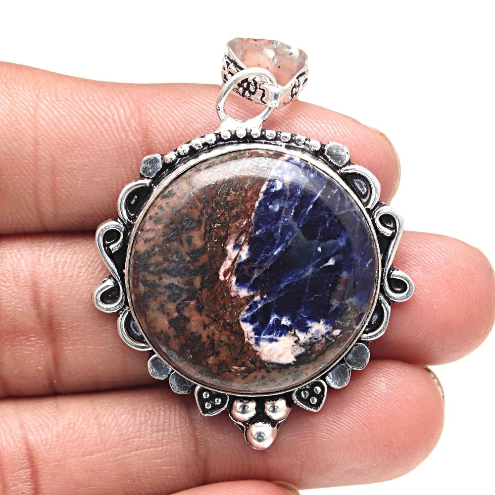 Sodalite Gemstone Silver Pendant Valentine Gift Handmade Jewelry 2.25 Inch