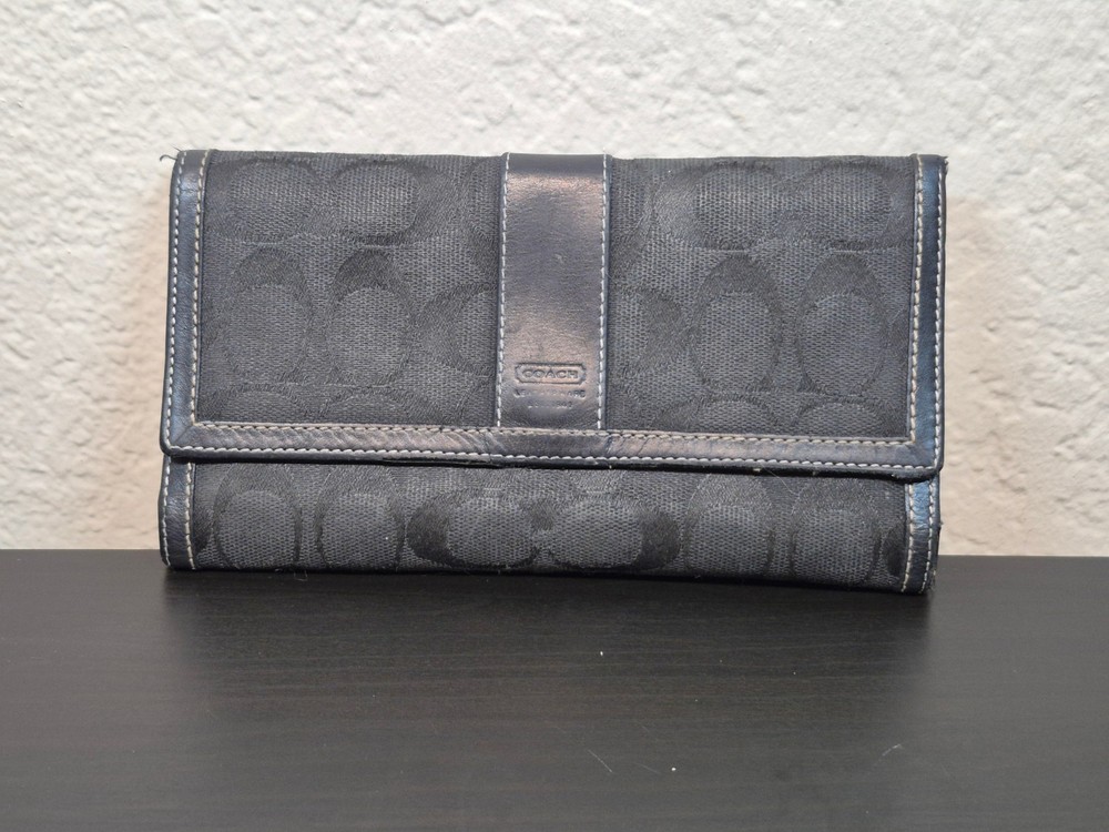 Coach Trifold Checkbook Wallet Black Canvas w/ Leather Interior - Pre-Owned