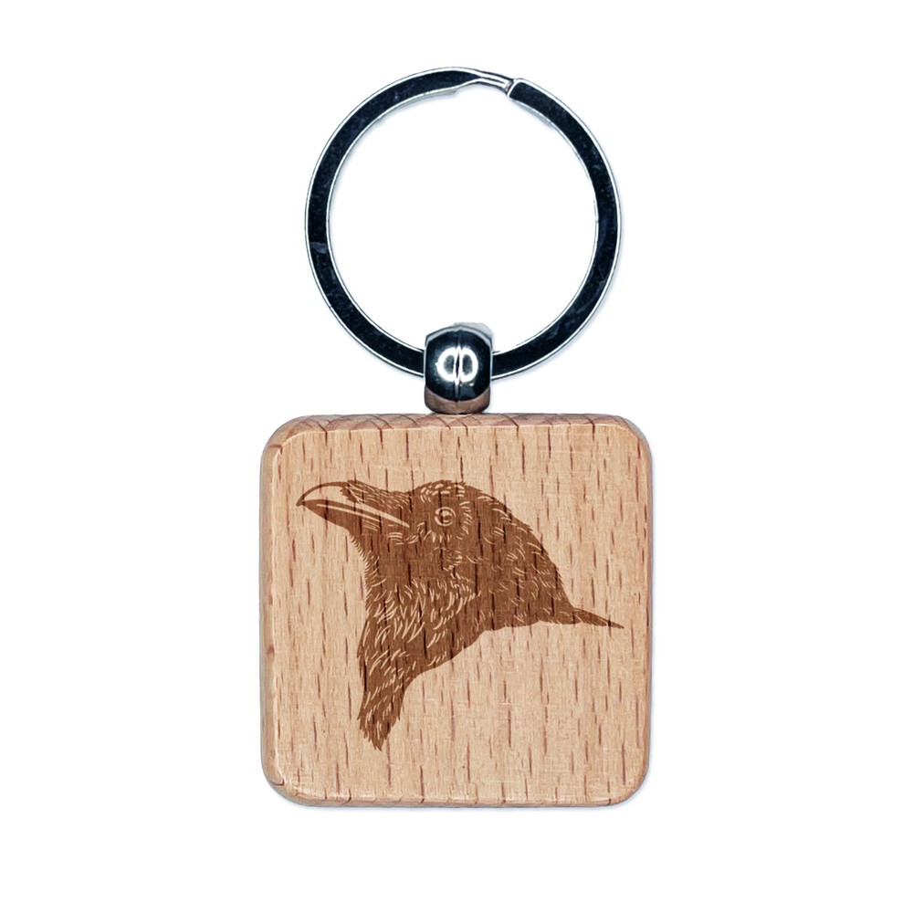 Realistic Crow Head Engraved Wood Square Keychain Tag Charm