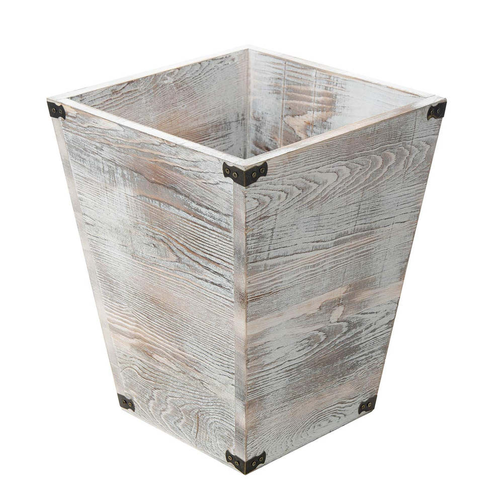 Rustic Whitewashed Torched Wood Square Waste Basket Recycle Bin Trash Can Decora