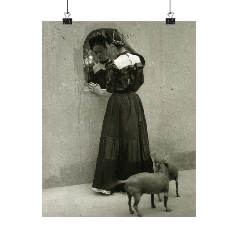 Frida Kahlo Matte Wall Poster, Frida Surrealist Artist Photo Print Dogs Mexico