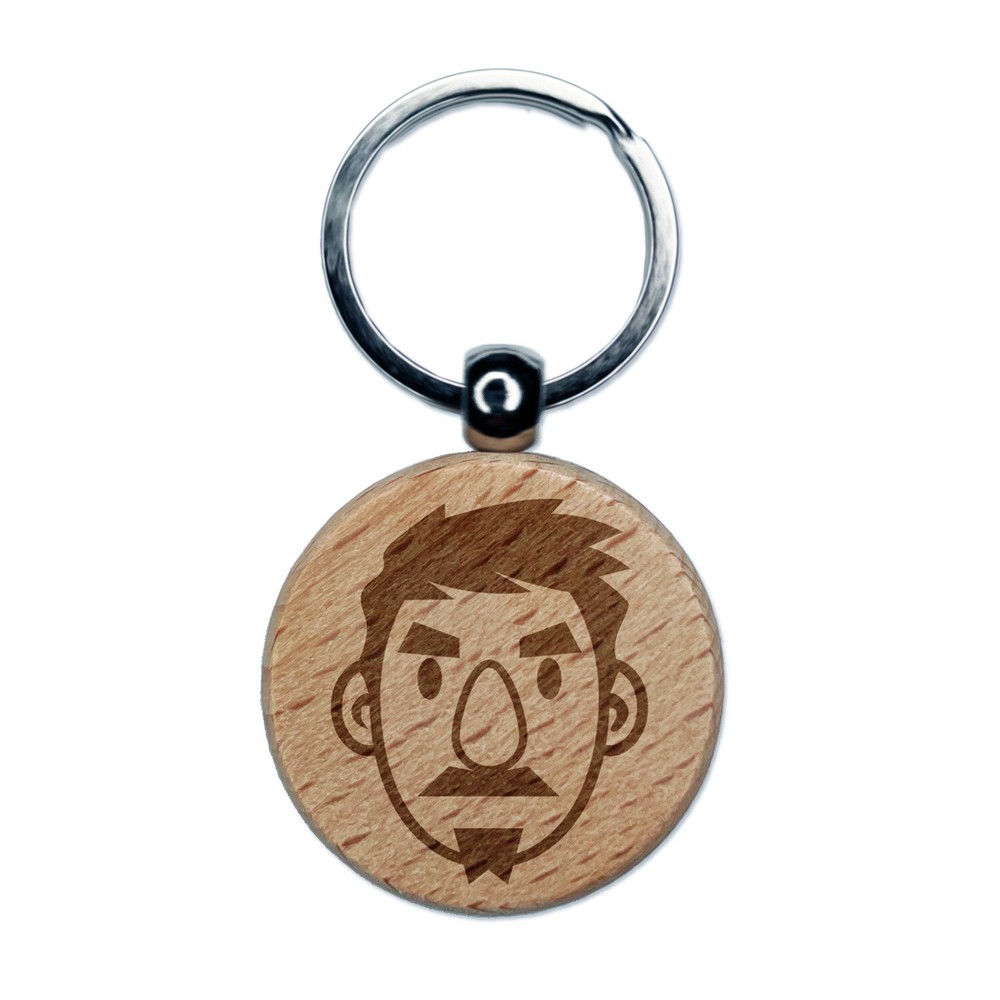 Human Male Character Face Engraved Wood Round Keychain Tag Charm