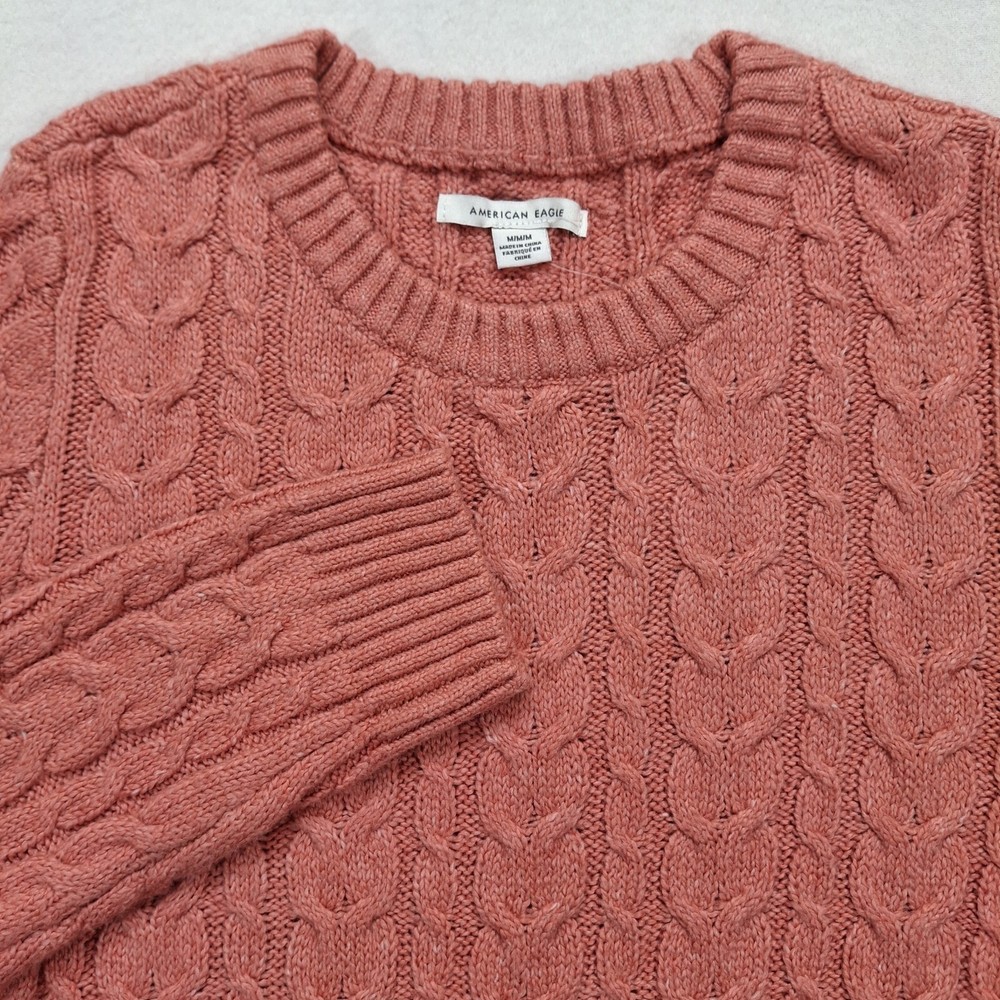 American Eagle Cable Knit Sweater Women Medium Coral Pink Soft Crew Neck