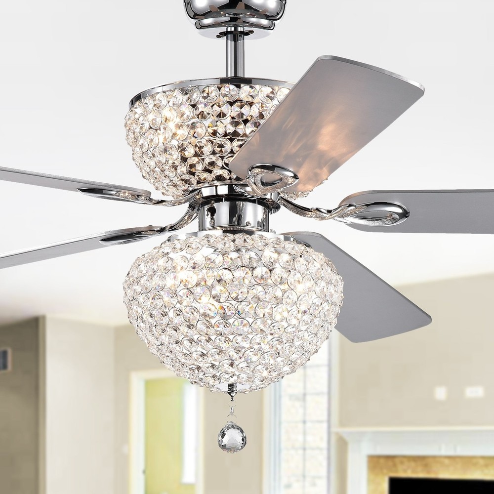 Swarana Chrome Dual Light Ceiling Fan with Crystal Shades in Grey and Silver