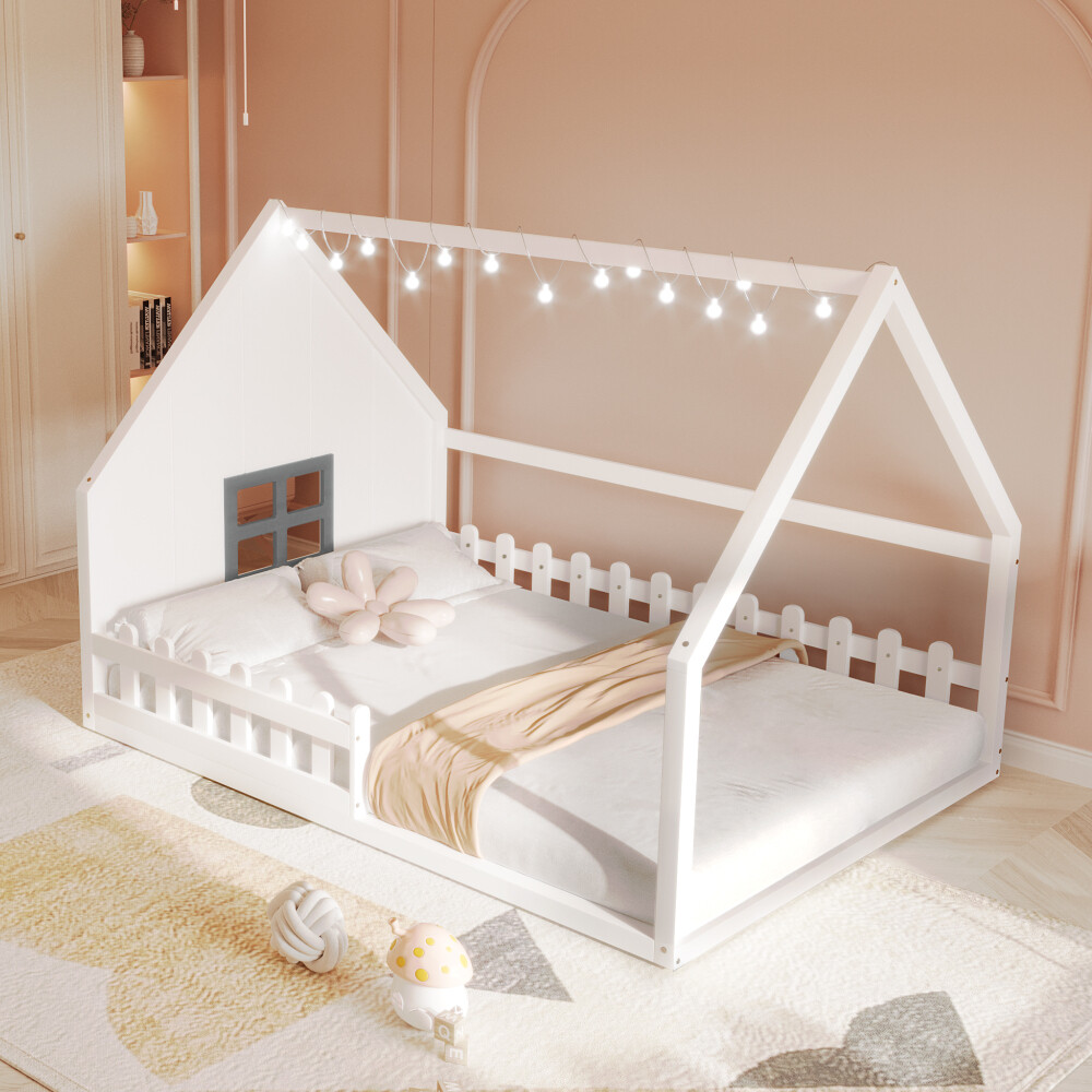 Playful White Wood House Bed with LED Lights & Fence for Kids