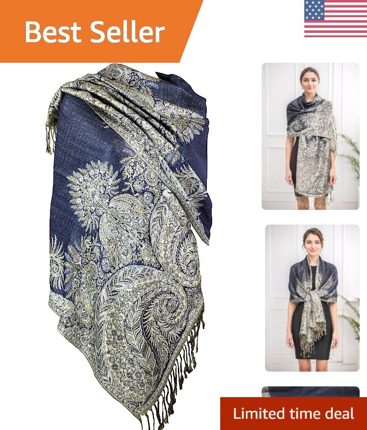 Elegant Navy Jacquard Pashmina Shawl Wrap 80x28 Ideal for All Occasions