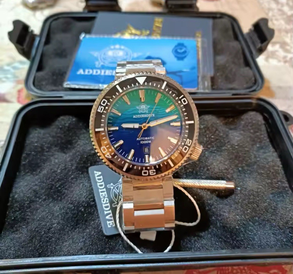 ADDIESDIVE Mens Tuna 1000M Diver Watch Automatic Sapphire Two Tone Blue Wave