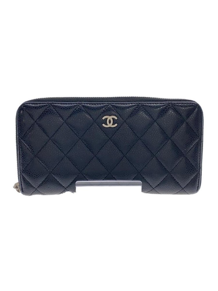 CHANEL Caviar Leather Silver CC Zip Around Long Wallet Black Pre-Owned