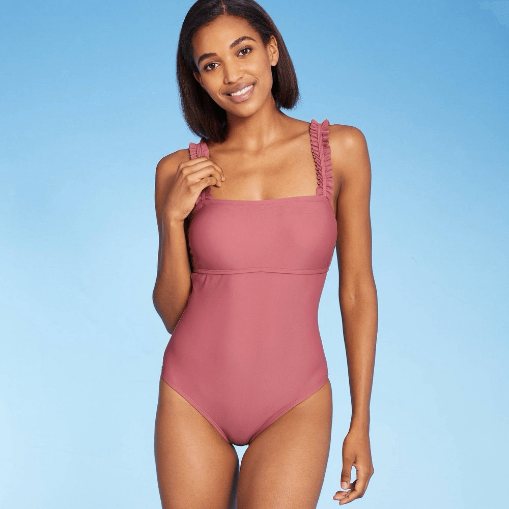 Women's Square Neck Ruffle Shoulder Medium Coverage One Piece Swimsuit - Kona So