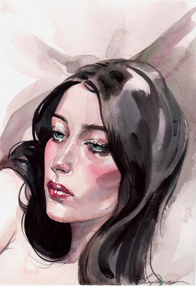 Original Watercolor Painting Tender Woman Portrait Brunette Woman Wall Art