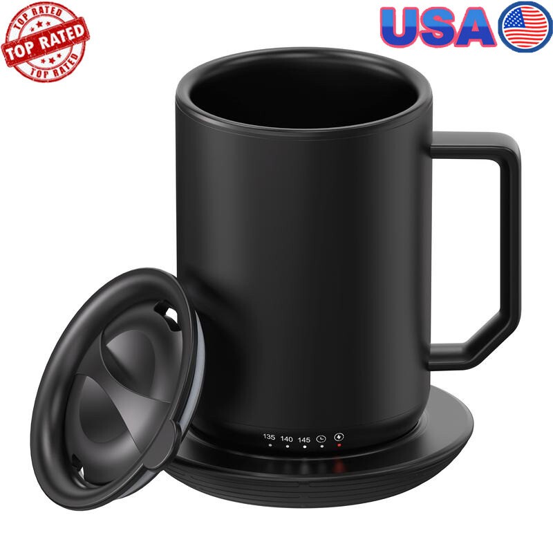 Self-Heating Coffee Mug 12Oz Black W/ Warmer Coaster LED Temperature Control New