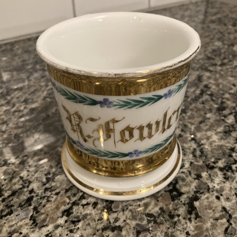 Antique Tressemanes & Vogt T&V Limoges Gold Porcelain Shaving Mug - R. Fowler