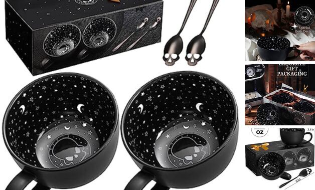 2Pack Midnight Skull Large Coffee Mugs with Spoons, Halloween Spooky 2pack