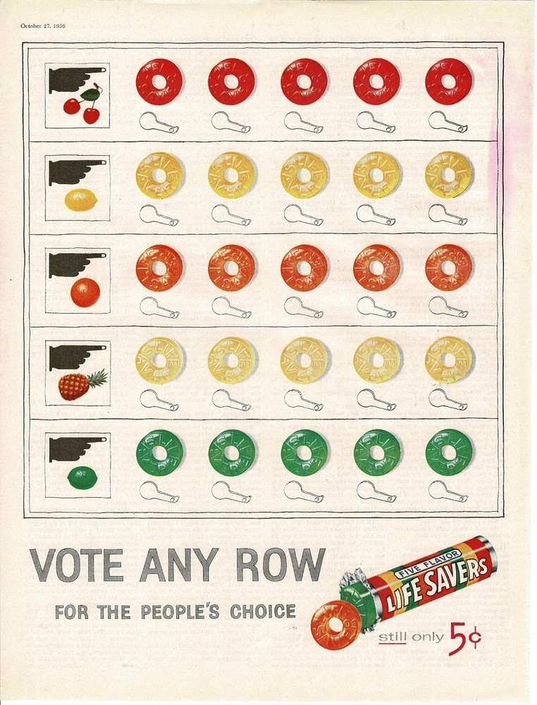 1956 Life Savers Vote for any color art Vintage Ad