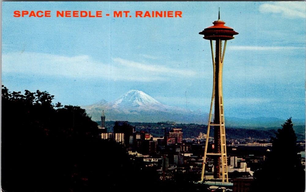 1962 Seattle World's Fair Postcard Featuring Space Needle and Mount Rainier 27605