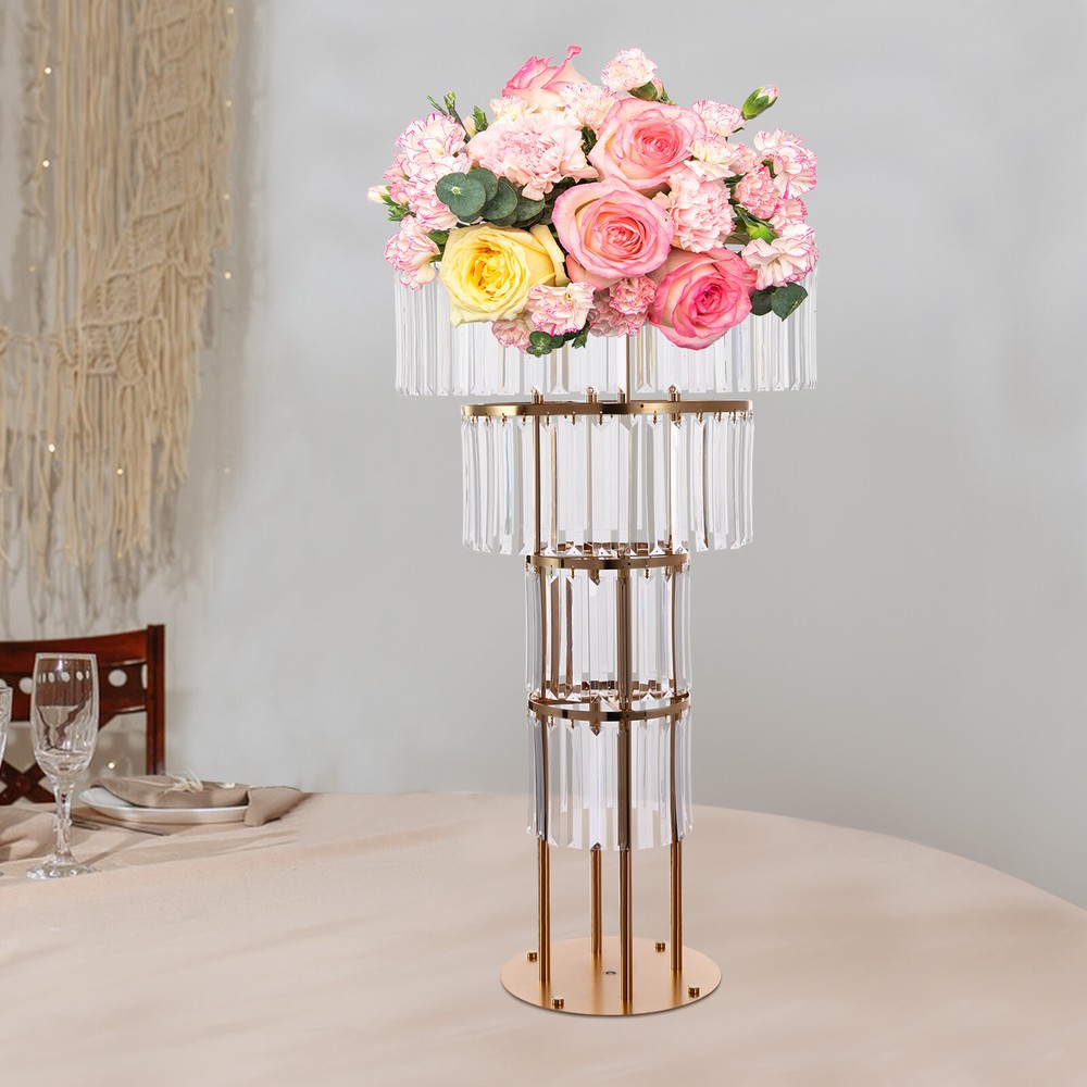 Gold Crystal Wedding Flower Stand Round Pedestal Centerpiece