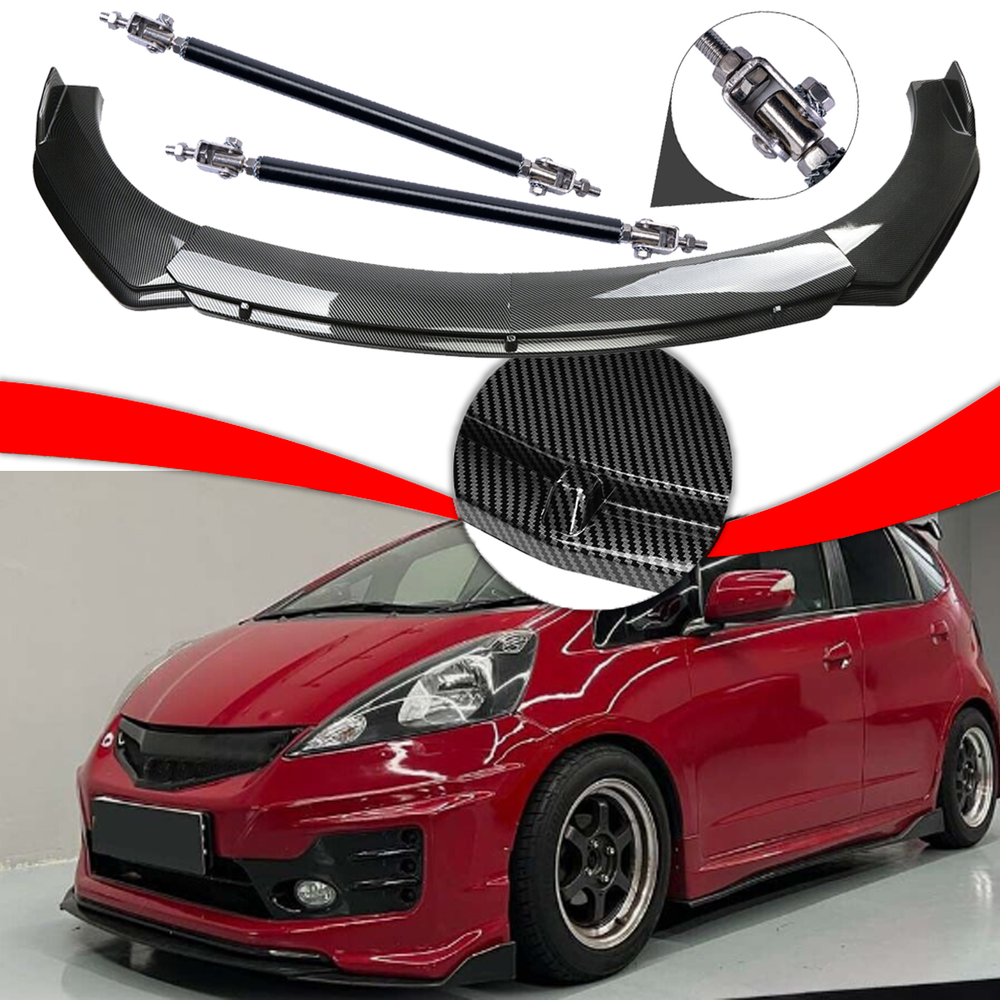 For Honda Fit Jazz Carbon Fiber Style Front Bumper Lip /Spoiler Strut Rods