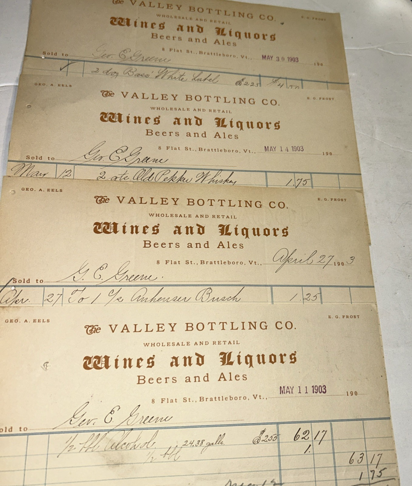 4 Antique Billheads 1903 VALLEY BOTTLING Wines Liquors Beers Ales Brattleboro VT