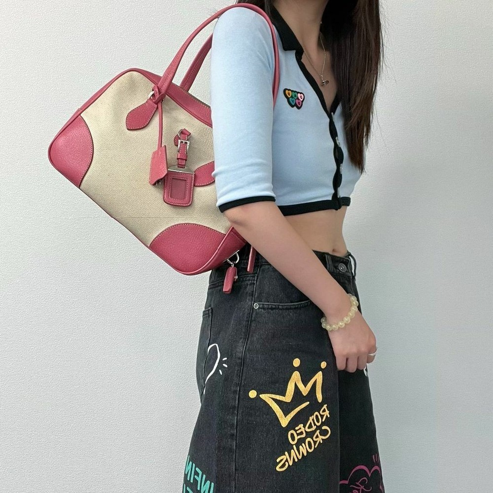 RARE PRADA Used PRADA tote bag shoulder bag pink leather canvas vintage ladies u