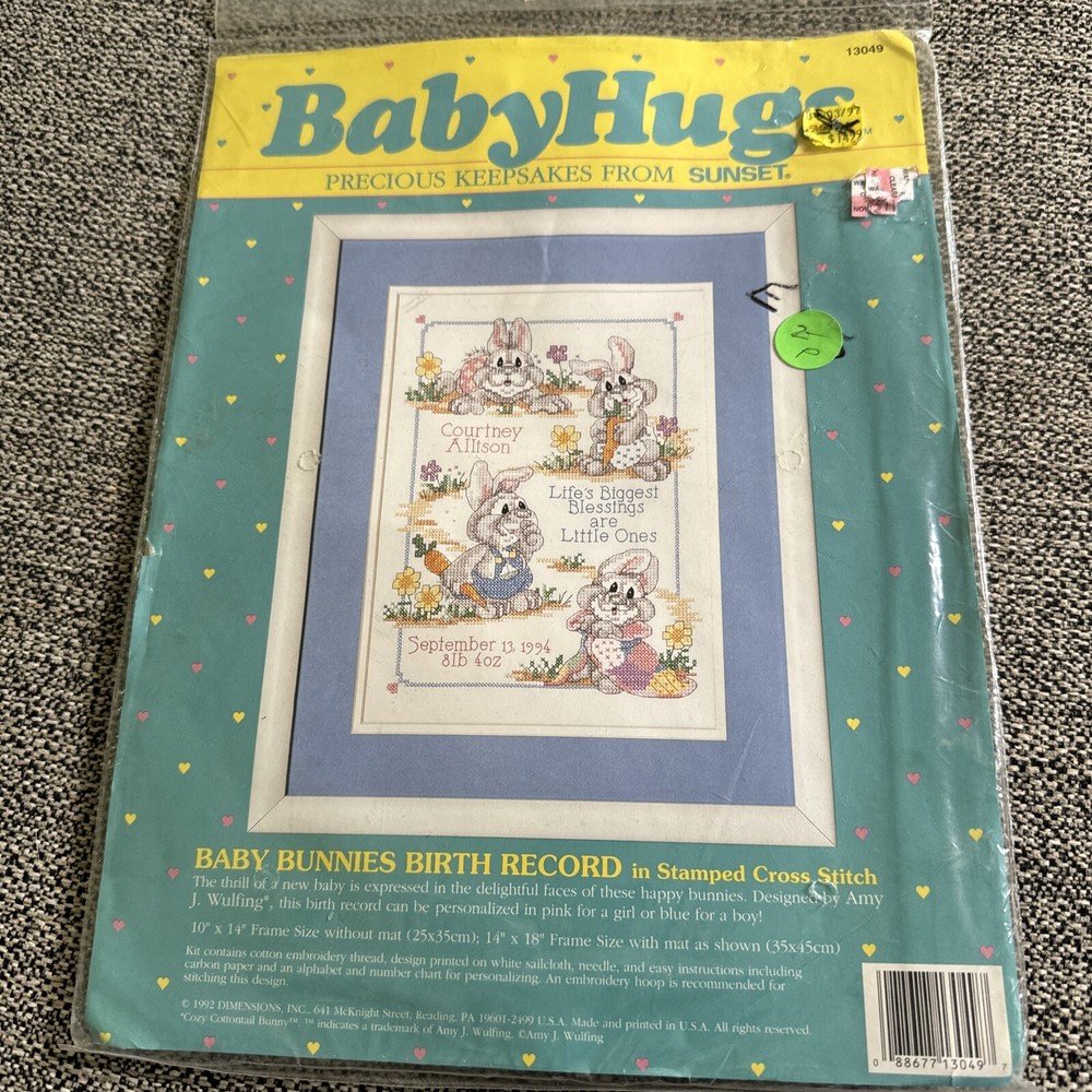 DIMENSIONS Baby Hugs BABY BUNNIES BIRTH RECORD Stamped Cross Stitch 13049 New