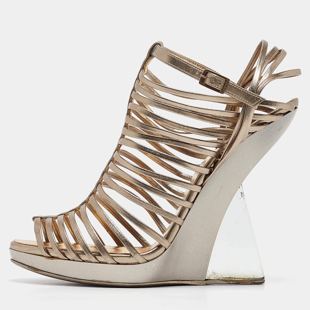 Salvatore Ferragamo Metallic Leather Wedge Sandals Size 39.5