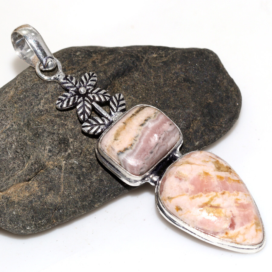925 Silver Plated Rhodochrosite Ethnic Long Pendant Jewelry Size 2.8