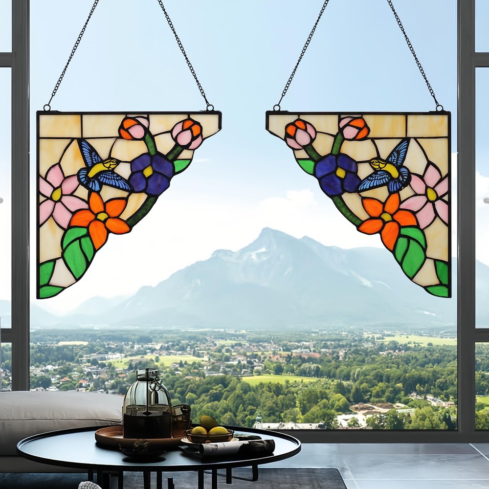 Stained Glass Window Hanging 2 Pieces 10” Triangle Tiffany Animal Style Windo...