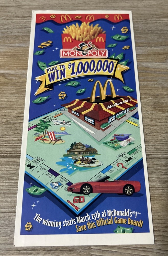 1999 McDonald’s Monopoly Game Board Unused Toys R Us