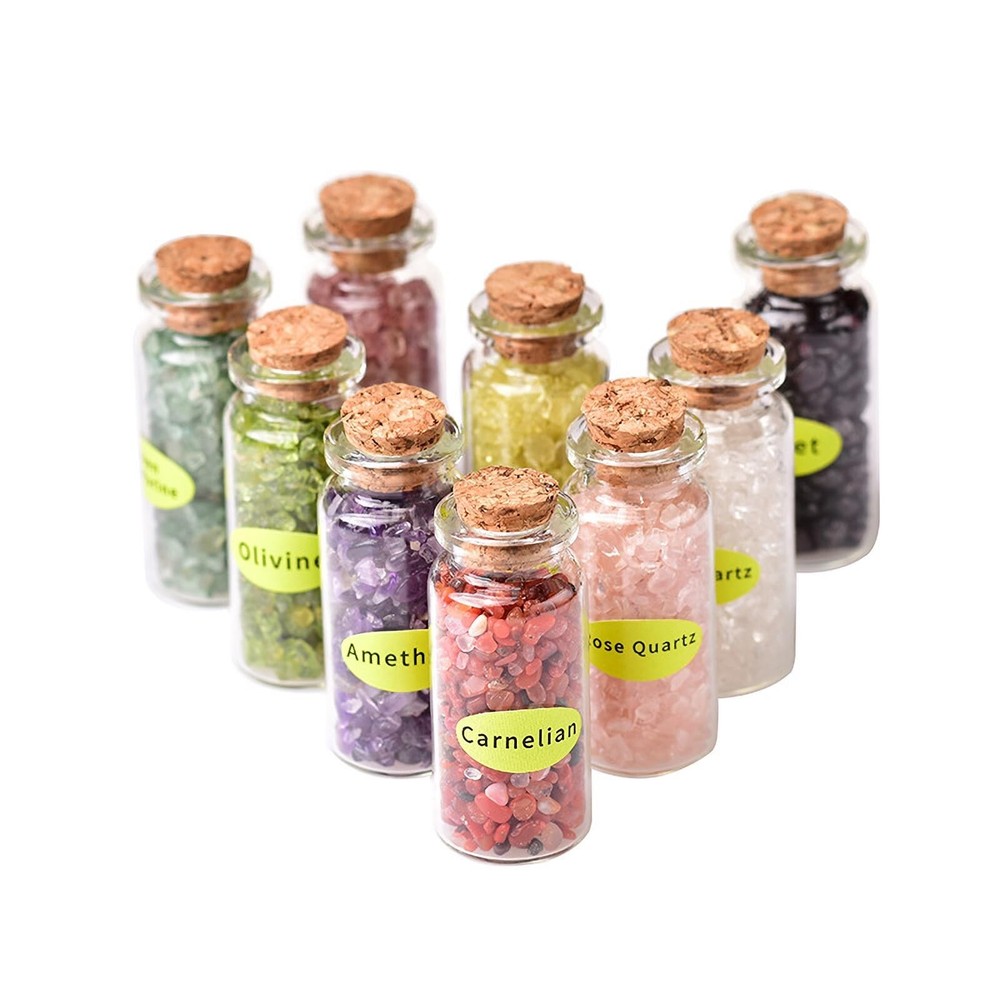 9PCS Crystal Gemstone Bottles Set with Healing Tumbled Stones for Chakra Balancing and Meditation Collection