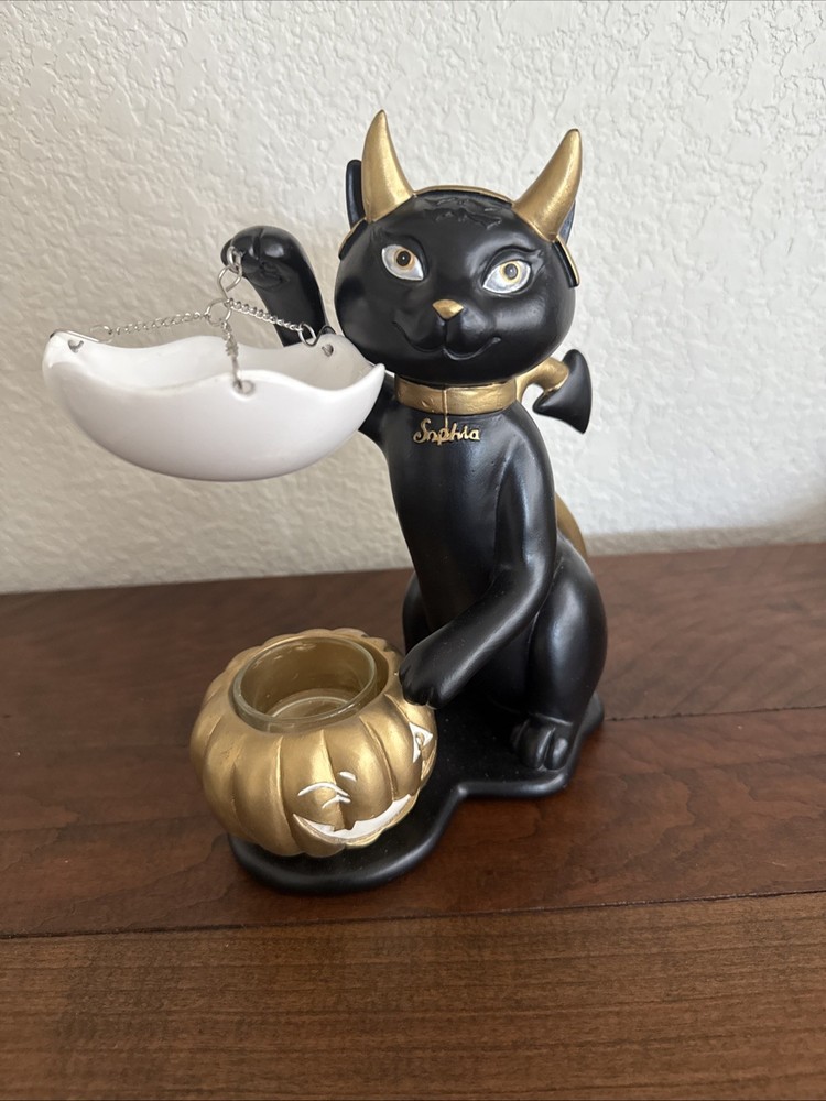 Black Cat Sophie Halloween Candle Warmer with Gold Pumpkin 9 Inches